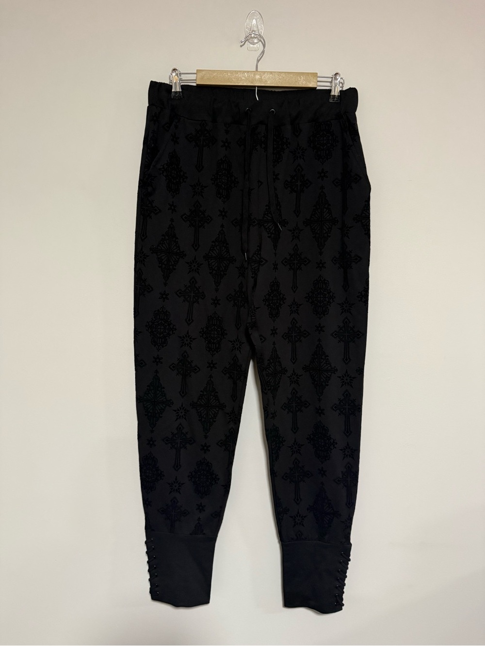 Killstar Black Night Thirst Flocked Velvet Cross Print Joggers Size Medium Goth